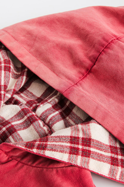 Hoodie Denim Jacket Red Plaid Reversible Long Sleeve Coat