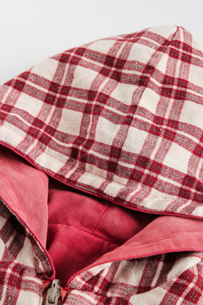 Hoodie Denim Jacket Red Plaid Reversible Long Sleeve Coat