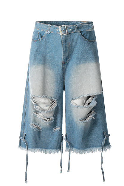 Wash Denim Tassels Hole Shorts Loose Men Knee Shorts
