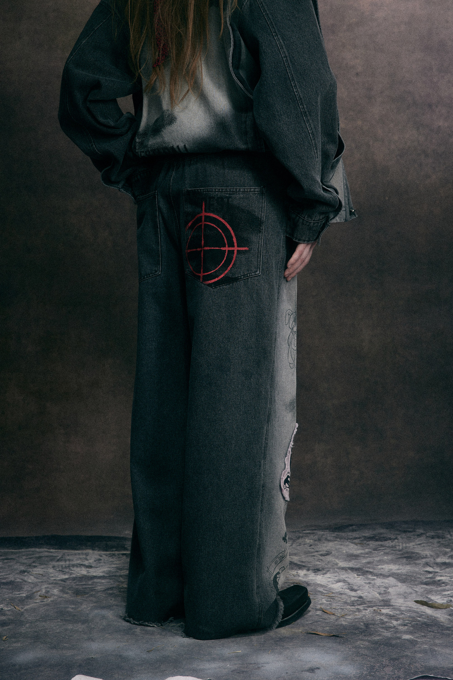 Washed Jeans Loose Patch Straight Leg Pants