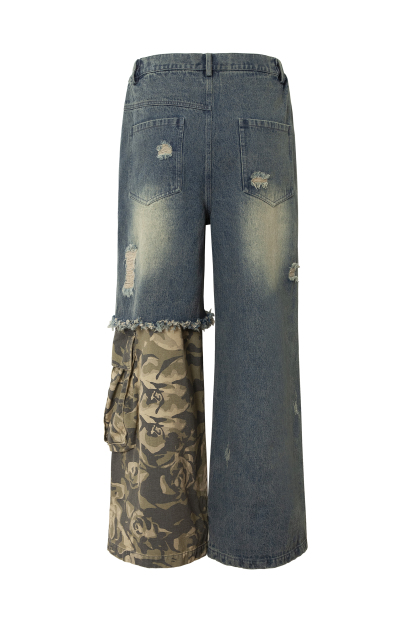 Washed Ripped Jeans Patch Camouflage Loose Straight Leg Pants 