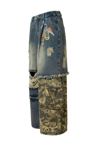 Washed Ripped Jeans Patch Camouflage Loose Straight Leg Pants 