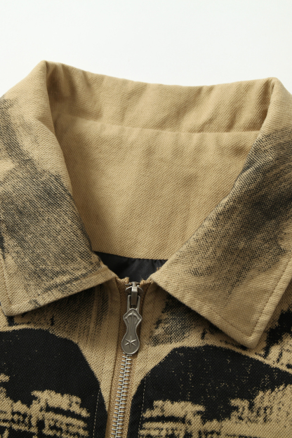 Vintage Print Jacket Khaki Graffiti Lapel Long Sleeve 