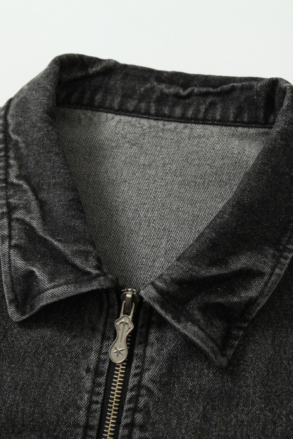 Vintage Denim Jacket Black Camouflage Lapel Long Sleeve 