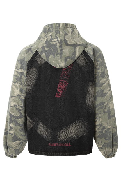 Vintage Hoodie Jacket Green Camouflage Lapel Long Sleeve 