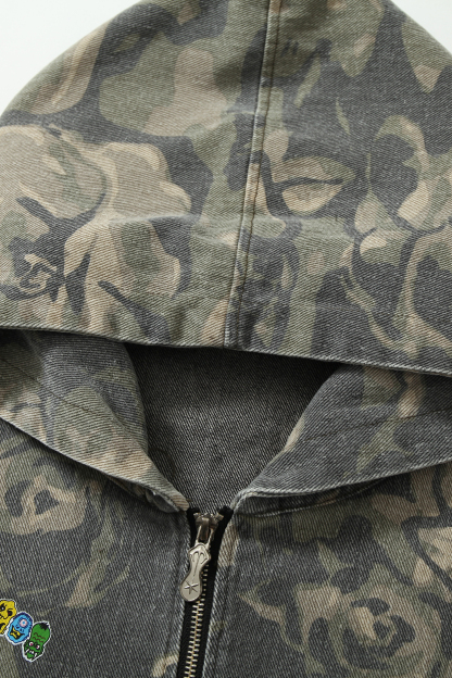 Vintage Hoodie Jacket Green Camouflage Lapel Long Sleeve 