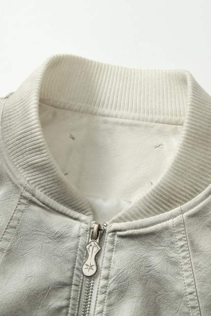 Cargo PU Bomber Jacket Gray Tie Dye Long Sleeve 