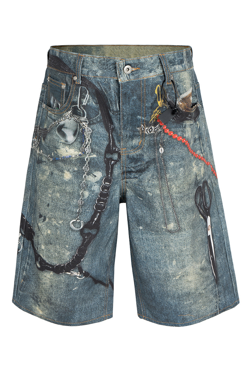 Wash Denim 3D Print Shorts Loose Men Knee Shorts