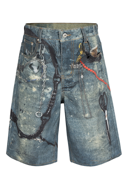 Wash Denim 3D Print Shorts Loose Men Knee Shorts