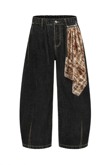 Plaid ColorBlock Washed Wide-Leg Balloon Jeans Loose Men Pants