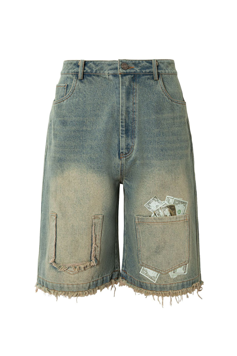 Wash Denim Dollar Print Shorts Loose Men Knee Shorts
