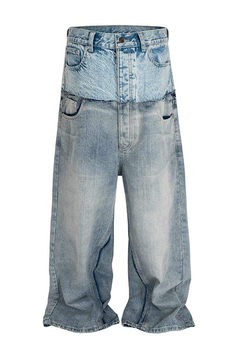 2 in 1 Colorblock Washed Wide-Leg Jeans Loose Men Pants