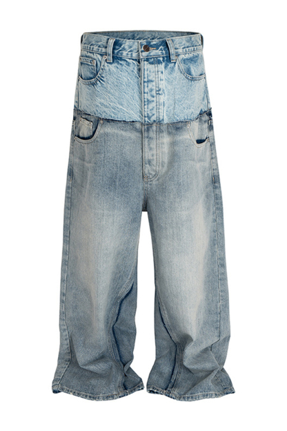 2 in 1 Colorblock Washed Wide-Leg Jeans Loose Men Pants