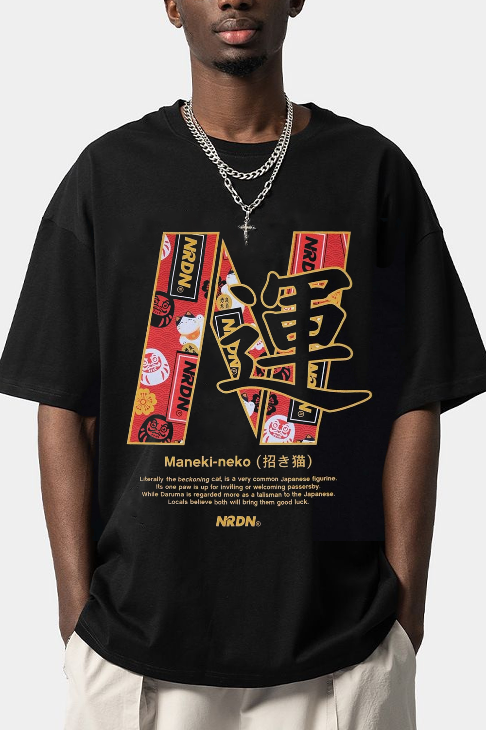 Japanese Lucky Cat Print T-Shirt For Men