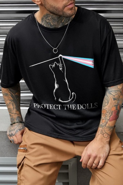 Letter Cat Print T-Shirt Tee for Men