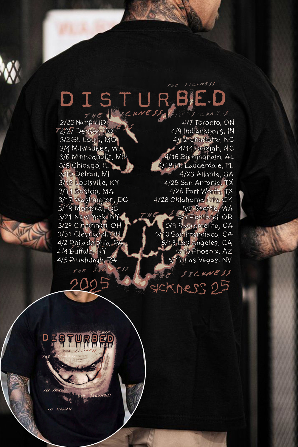 Disturbed Band The Sickness 25 Tour Tee For Men