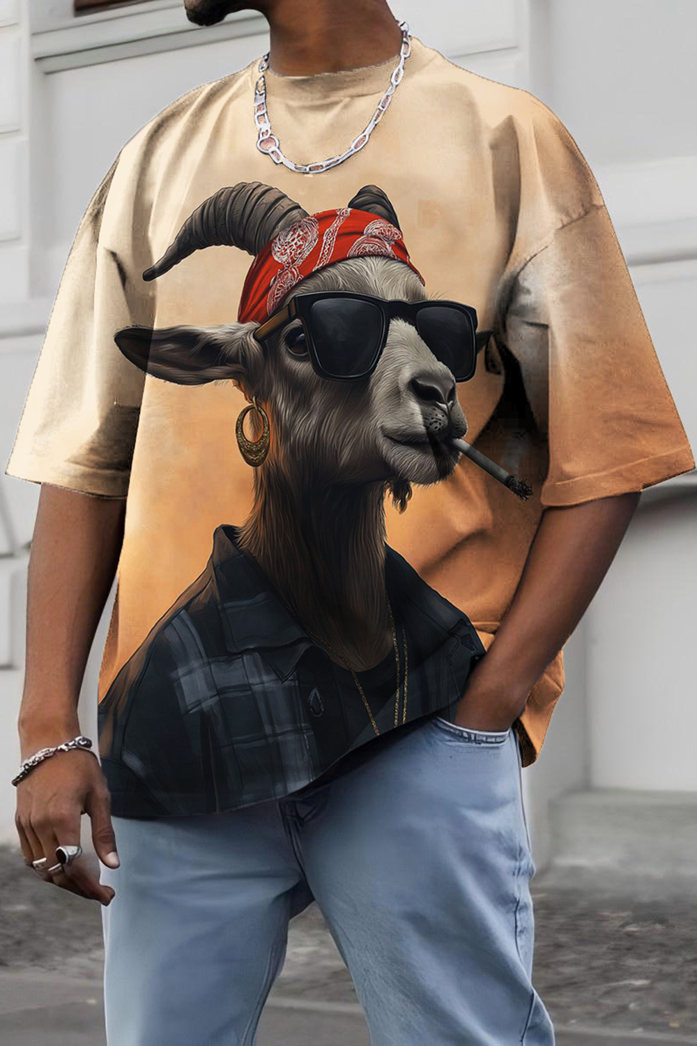 Cool Smoking Goat Art Print Casual Tee For Men
