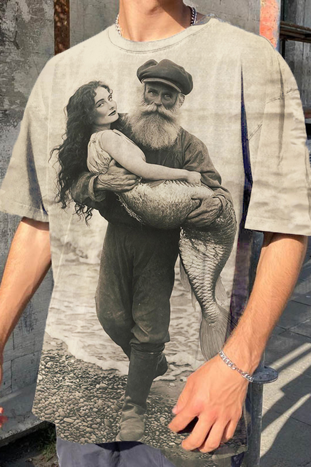 Vintage Mermaid Print Tee For Men