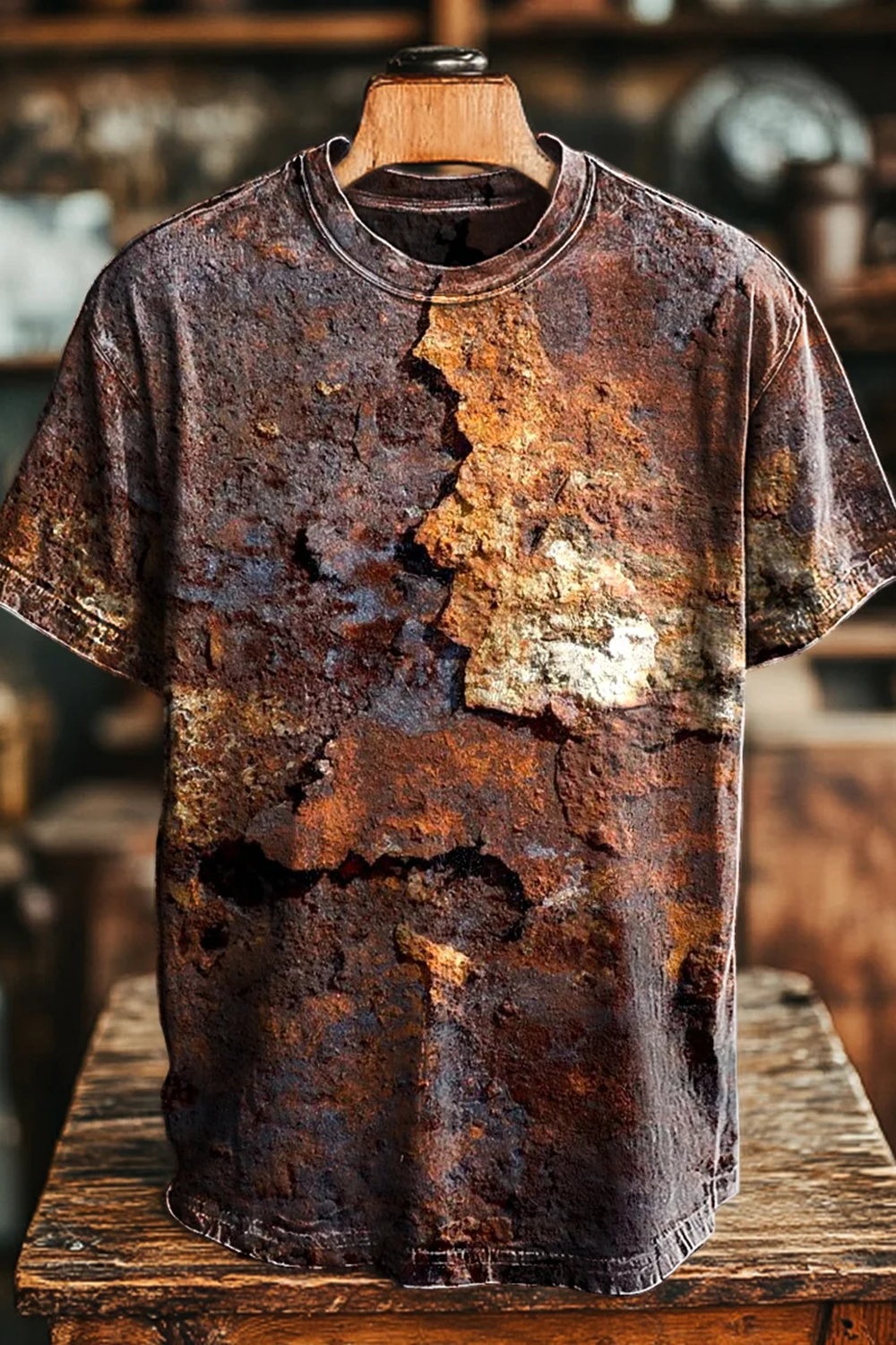 Retro Aged Rust Printed Casual Tee For Men