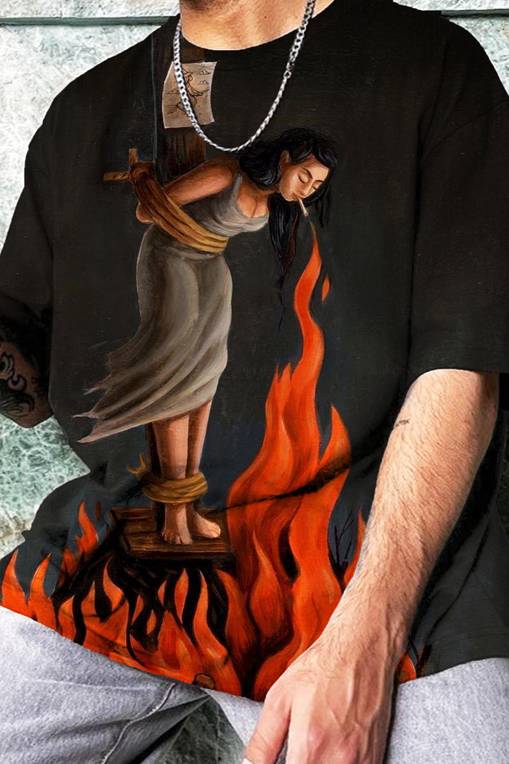 Vinatge Fire Smoking Art Print Tee For Men