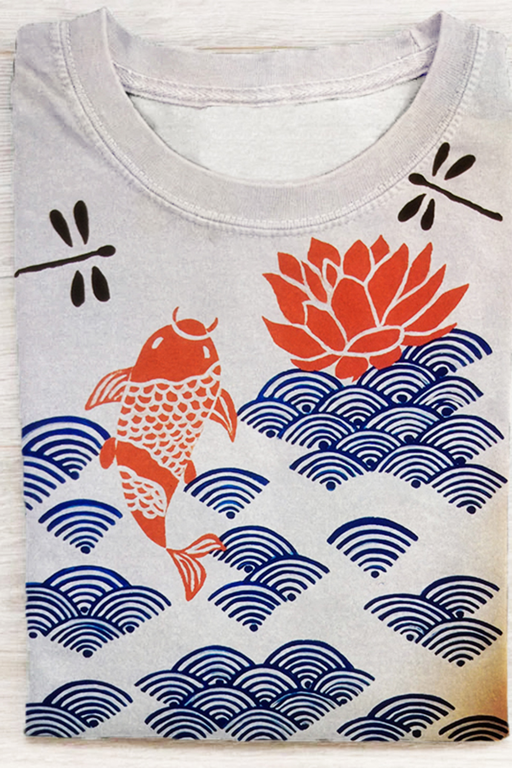 Japanese Style Koi Fish Dragonfly Wave Art Print Tee For Men