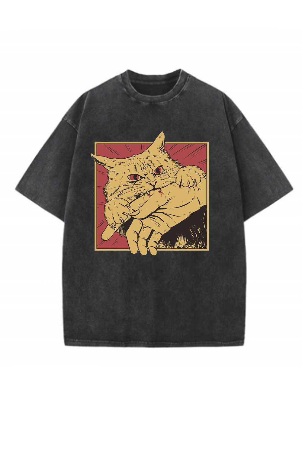 Vintage Cat Bite Japanese Horror Anime Washed Tee For Men