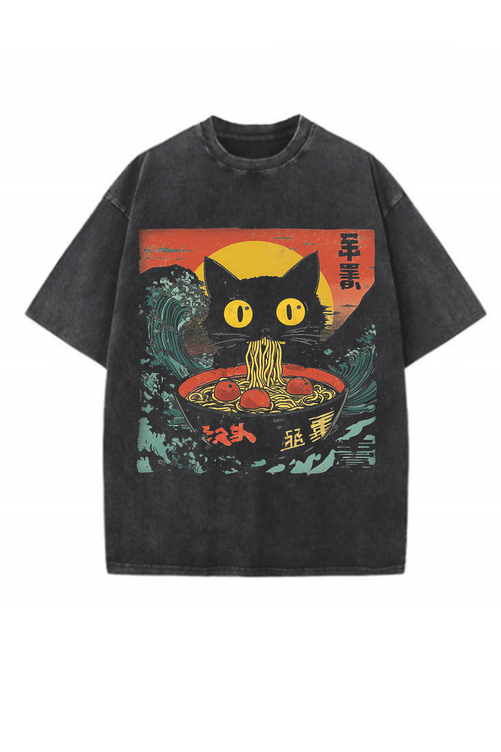 Cat Eating Ramen Japanese Washed Tee For Men