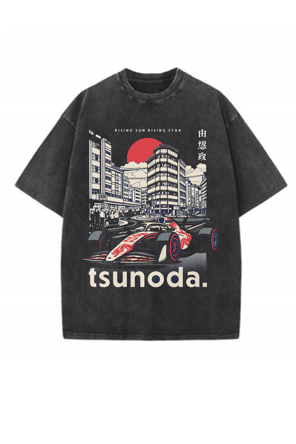 "Rising Sun" Japanese Cityscape Racing Washed Tee For Men