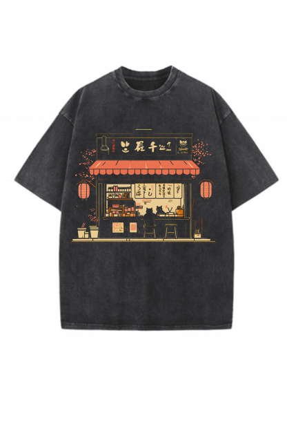 Ramen Shop Japanese Cat Washed Tee For Men