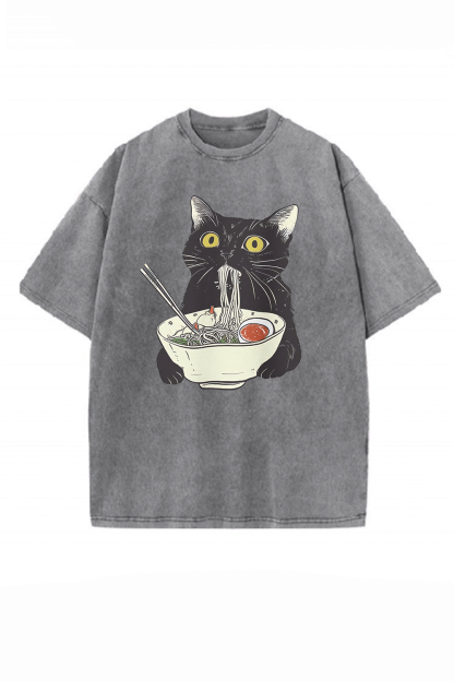 Ramen Cat Kawaii Washed Tee For Men