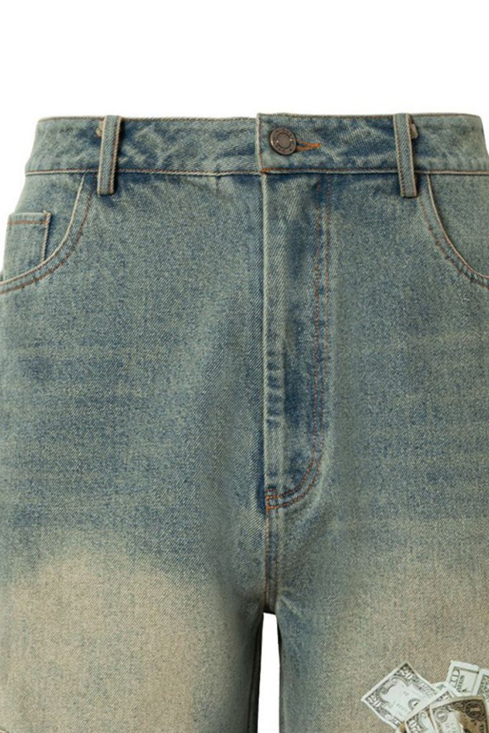 Wash Denim Dollar Print Shorts Loose Men Knee Shorts