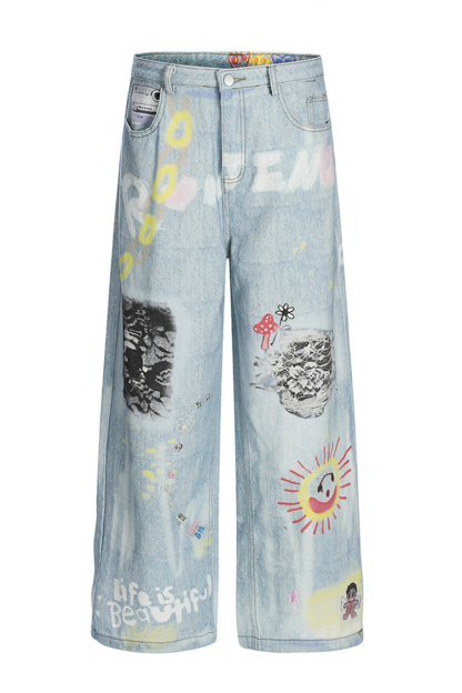 Graffiti Wash Jeans Loose Straight Leg Men Pants 
