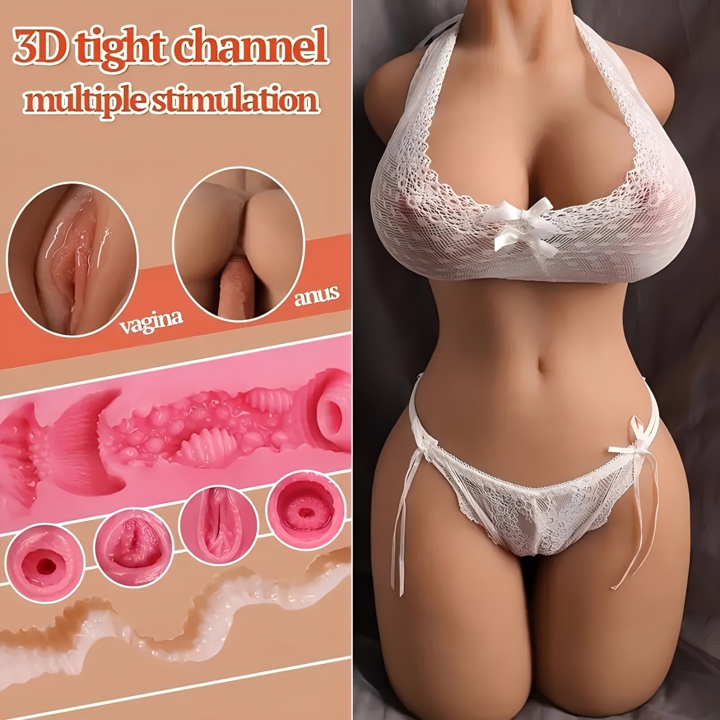 Life-size sex dolls designed for men, with realistic female torsos, soft breasts, and expandable vaginas and anuses for ultimate pleasure