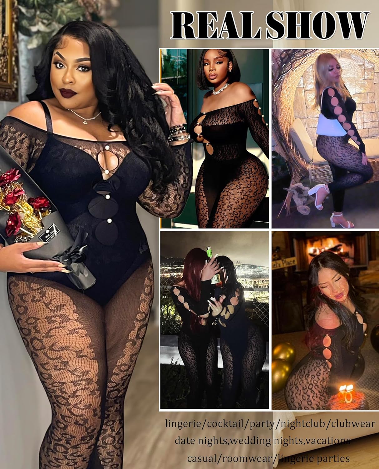 Long-sleeved fishnet bodysuit with leopard print and sexy rhinestone hollow jumpsuit