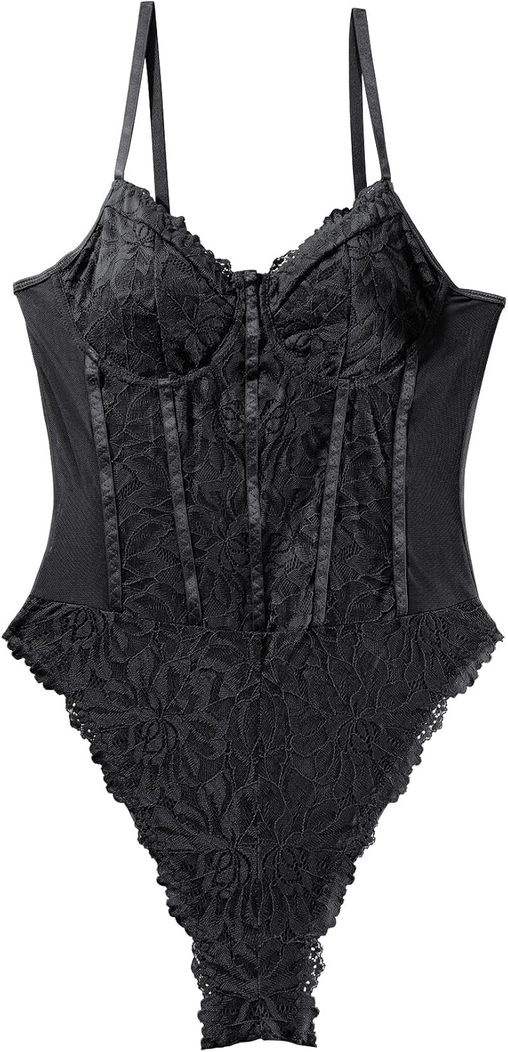 Lilosy Sexy Mesh Sheer Floral Lace Corset Lingerie Bodysuit Bustier Cami Top