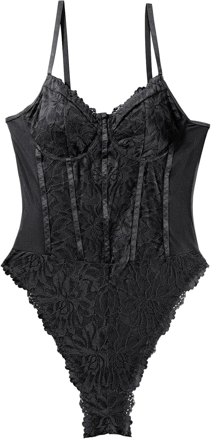 Lilosy Sexy Mesh Sheer Floral Lace Corset Lingerie Bodysuit Bustier Cami Top