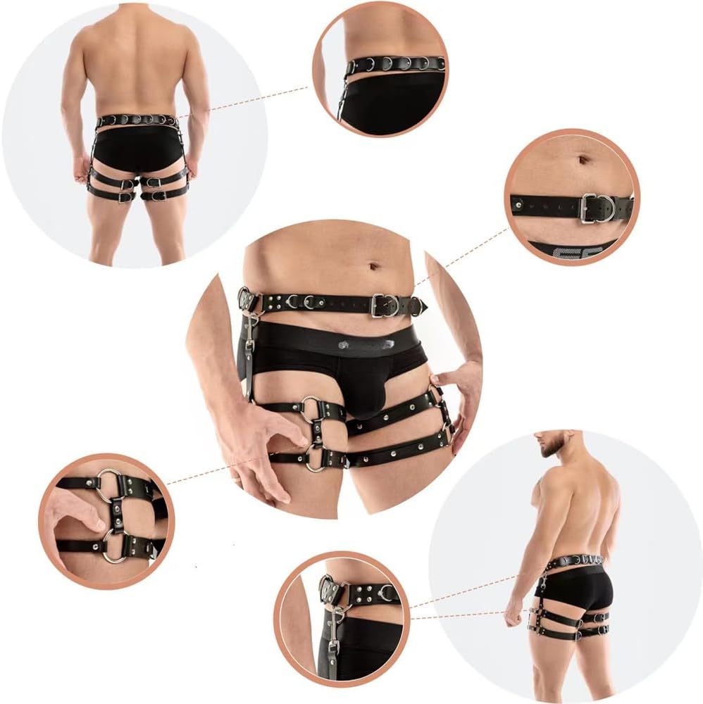 Gothic Sexy Punk Suspender Cage Leg Garter Thigh Straps Men's Bondage Leg Straps (Upgraded PU Leather Material)
