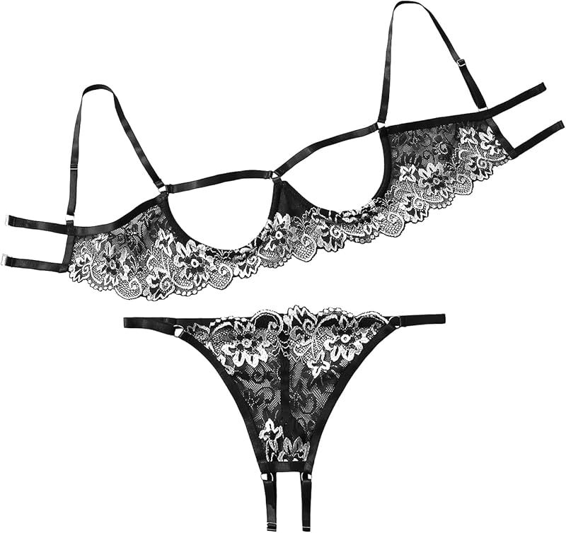 Lilosy Sexy Underwire Floral Lace Sheer Lingerie Set for Women See Through Bra and Panty 2 Piece