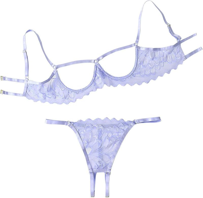 Lilosy Sexy Underwire Floral Lace Sheer Lingerie Set for Women See Through Bra and Panty 2 Piece