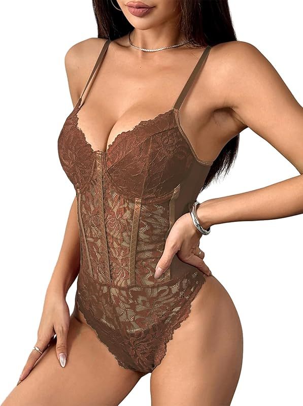 Lilosy Sexy Mesh Sheer Floral Lace Corset Lingerie Bodysuit Bustier Cami Top
