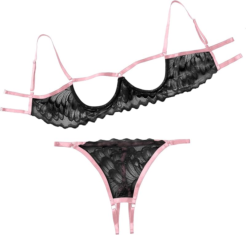 Lilosy Sexy Underwire Floral Lace Sheer Lingerie Set for Women See Through Bra and Panty 2 Piece