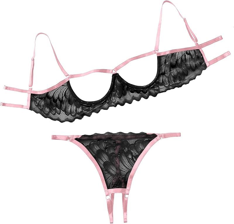 Lilosy Sexy Underwire Floral Lace Sheer Lingerie Set for Women See Through Bra and Panty 2 Piece