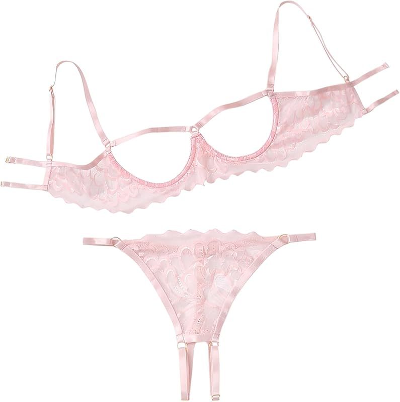 Lilosy Sexy Underwire Floral Lace Sheer Lingerie Set for Women See Through Bra and Panty 2 Piece