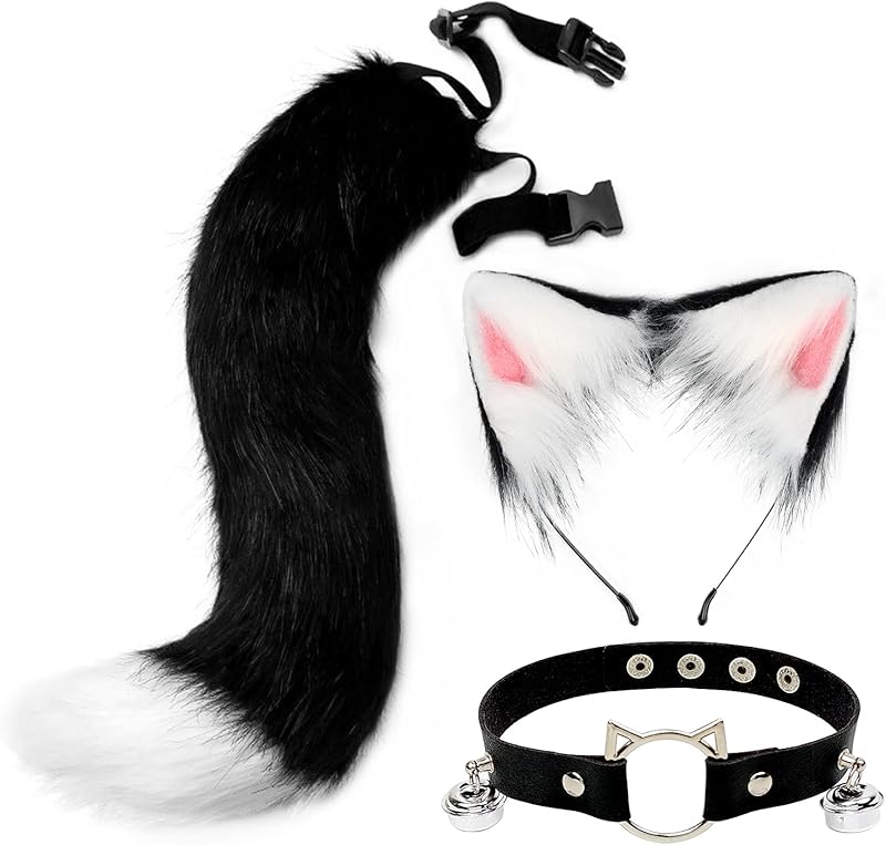 Cat Ear Wolf Fox Animal Tail Character Leather Necklace Set