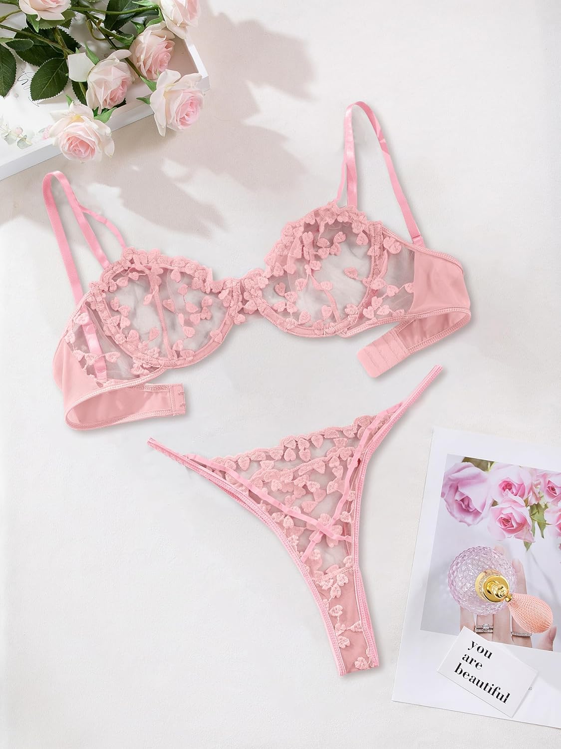 Underwire Push-Up Suspender Embroidered Mesh Transparent Bra Set