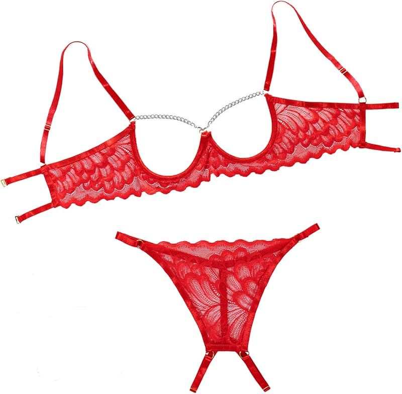 Lilosy Sexy Underwire Floral Lace Sheer Lingerie Set for Women See Through Bra and Panty 2 Piece
