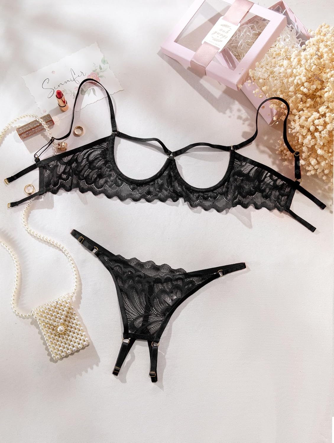 Lilosy Sexy Underwire Floral Lace Sheer Lingerie Set for Women See Through Bra and Panty 2 Piece