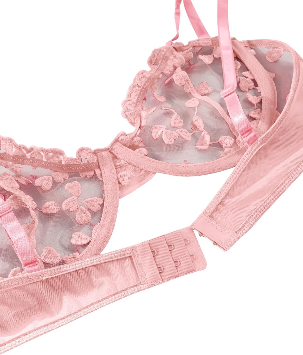 Underwire Push-Up Suspender Embroidered Mesh Transparent Bra Set