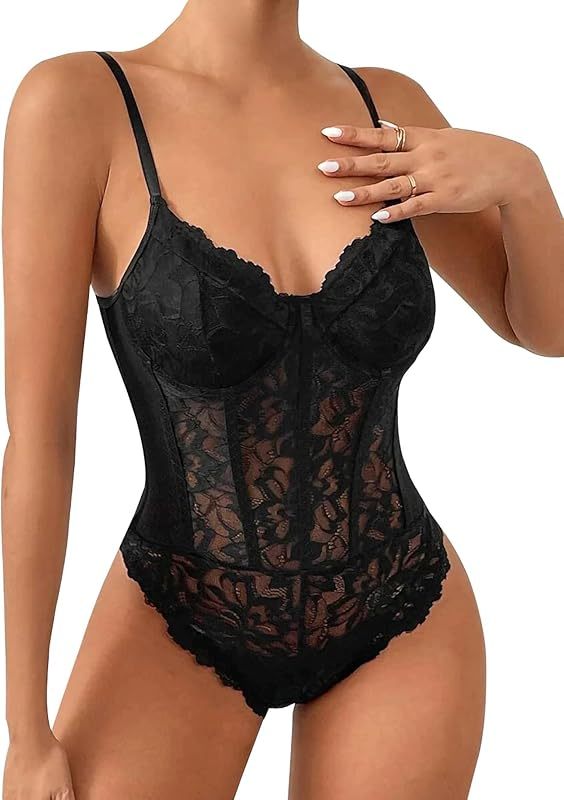 Lilosy Sexy Mesh Sheer Floral Lace Corset Lingerie Bodysuit Bustier Cami Top