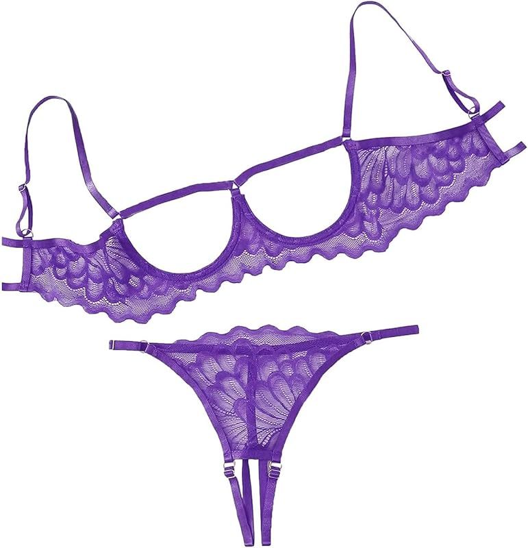 Lilosy Sexy Underwire Floral Lace Sheer Lingerie Set for Women See Through Bra and Panty 2 Piece